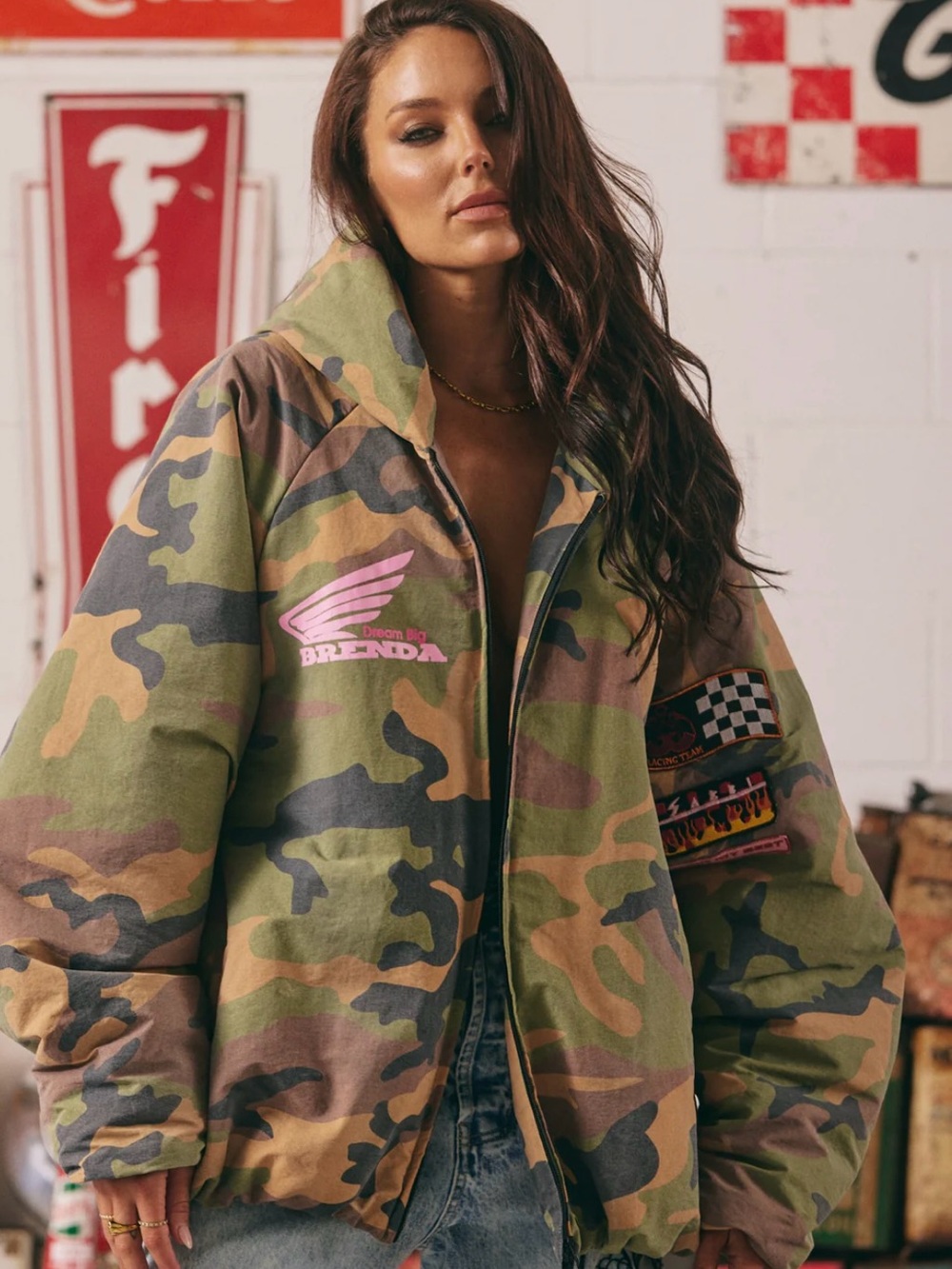 Camo Zip-Up Puffer Jacket with Pink Logo